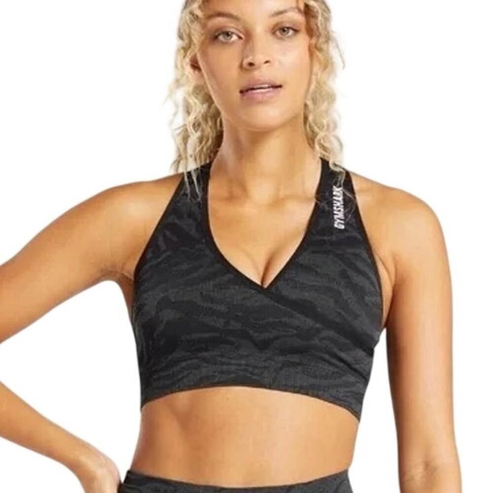 Gymshark Adapt Animal Seamless Sports Bra Charcoal Gray Black Zebra Print XS